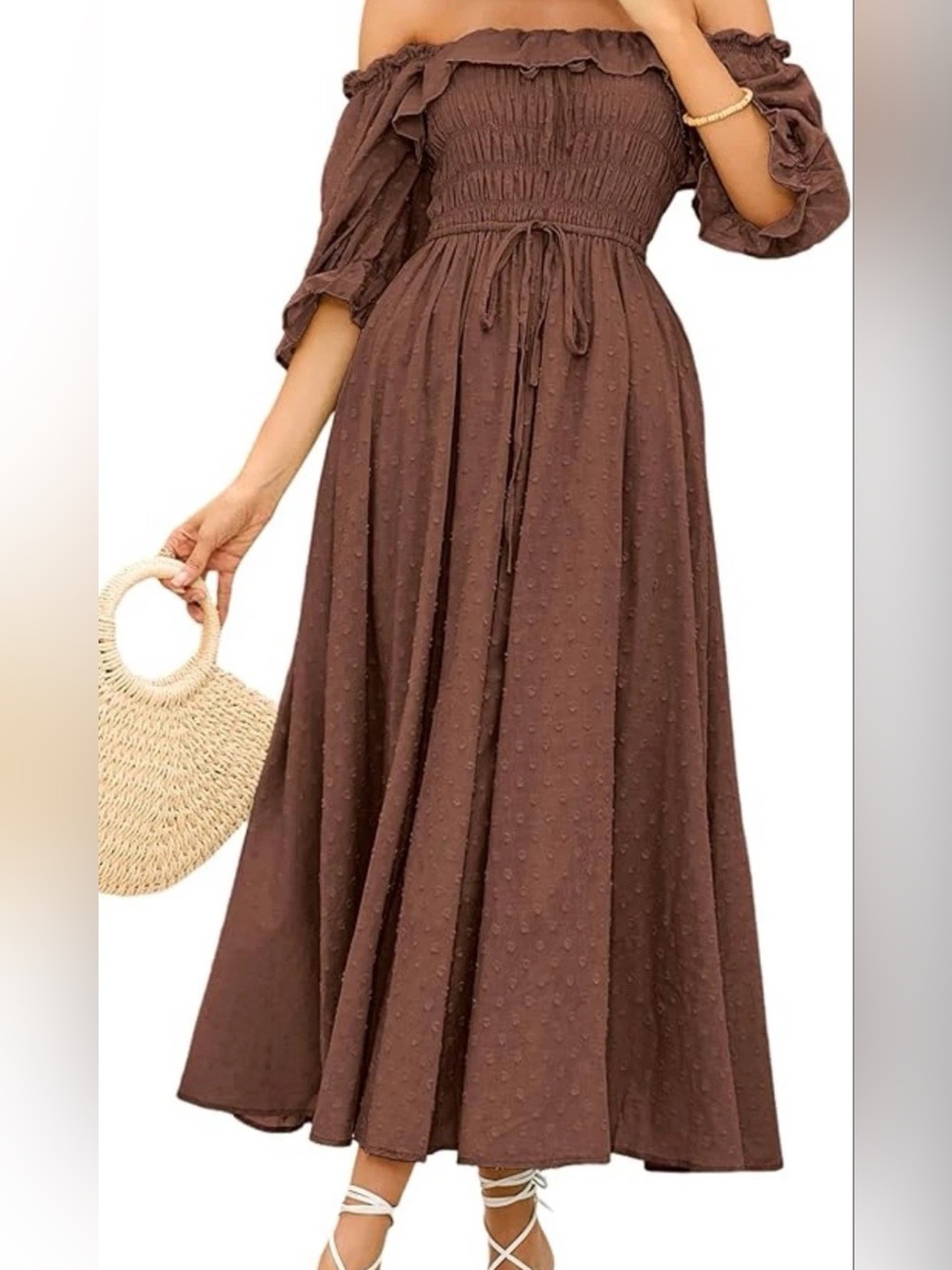 Brown Off-Shoulder Smocked Maxi Dress with Tie Waist